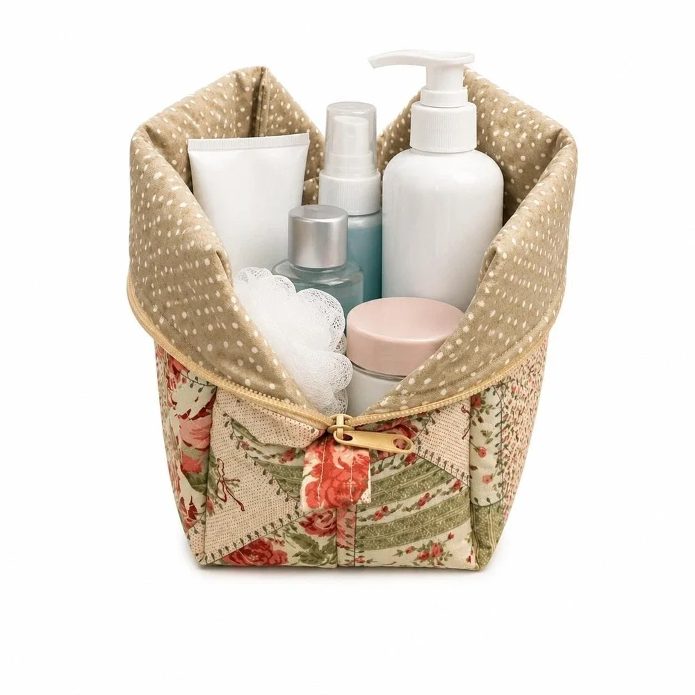 Floral Quilted Makeup Bag Cosmetic Pouch Cottage Style Toiletry Organizer